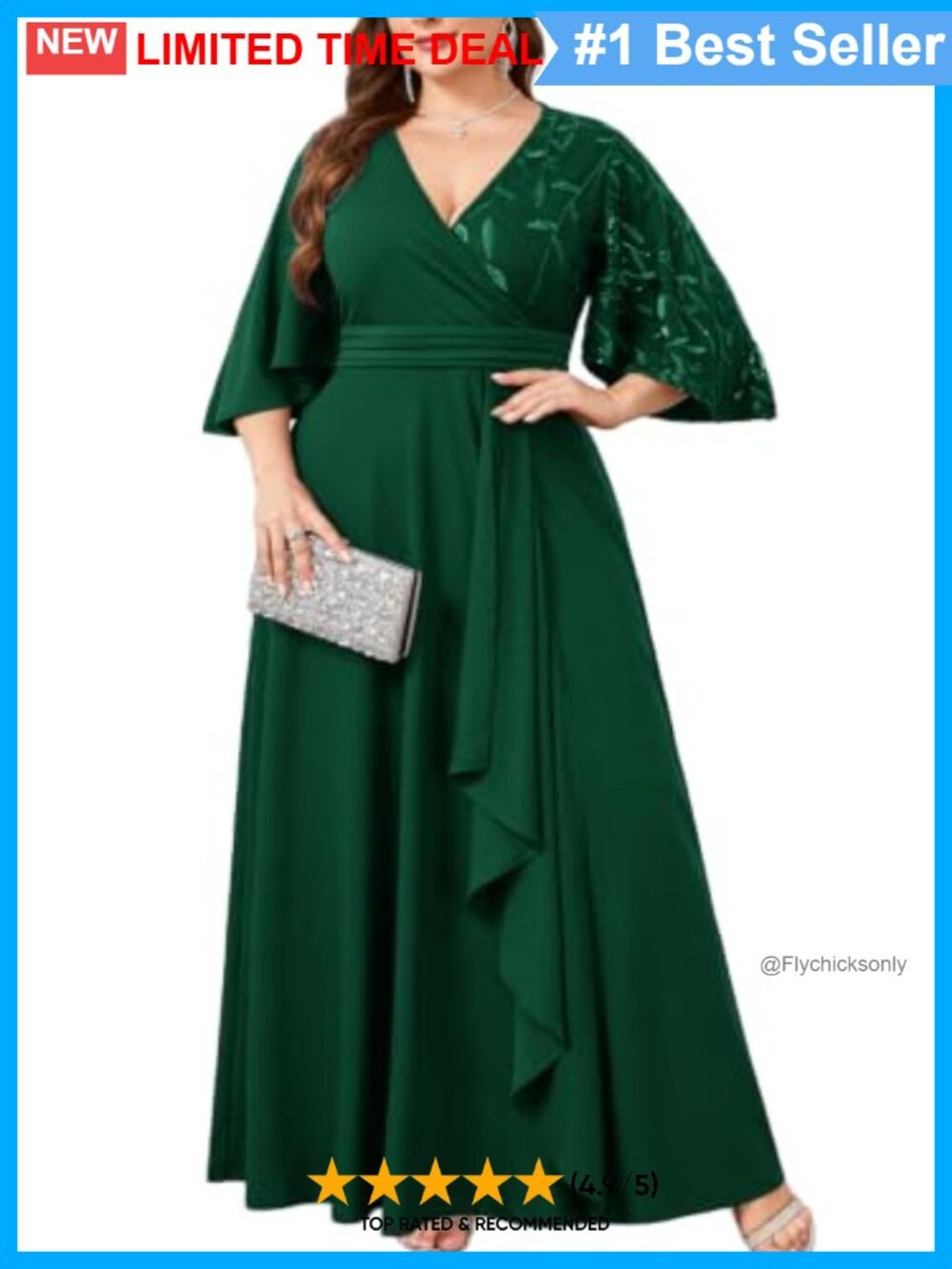 Plus Size Formal Maxi Dress Sequin V-Neck Wrap Wedding Guest Gown